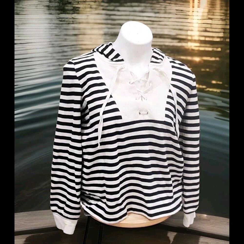 LOFT White/Navy Striped Textured Collared Lace-Up Neck Sweater Hoodie Size MED